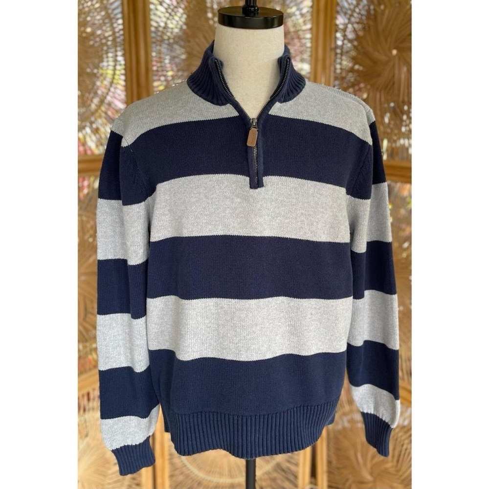 Navy Blue & Grey Striped Quarter Zip Mockneck Cotton Knit Sweater St. John’s Bay - Picture 2 of 5